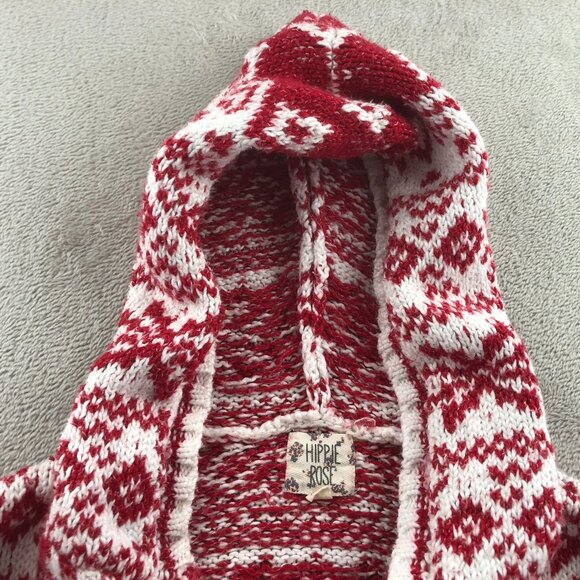 Hippie Rose Women's Sweater Medium Holiday Red Knit Hooded Nordic Fair Isle Y2K - Picture 6 of 10